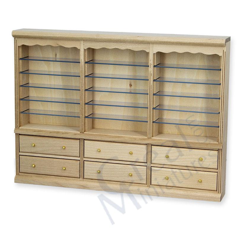 Triple bookcase drawers bare wood