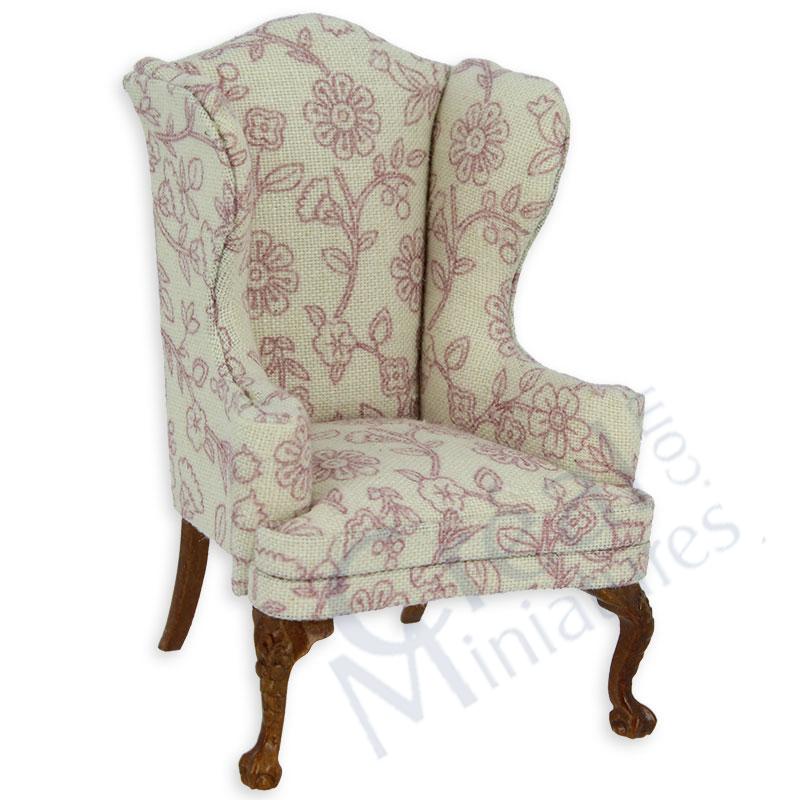 Armchair waln. fabrick w/oldpink flowers