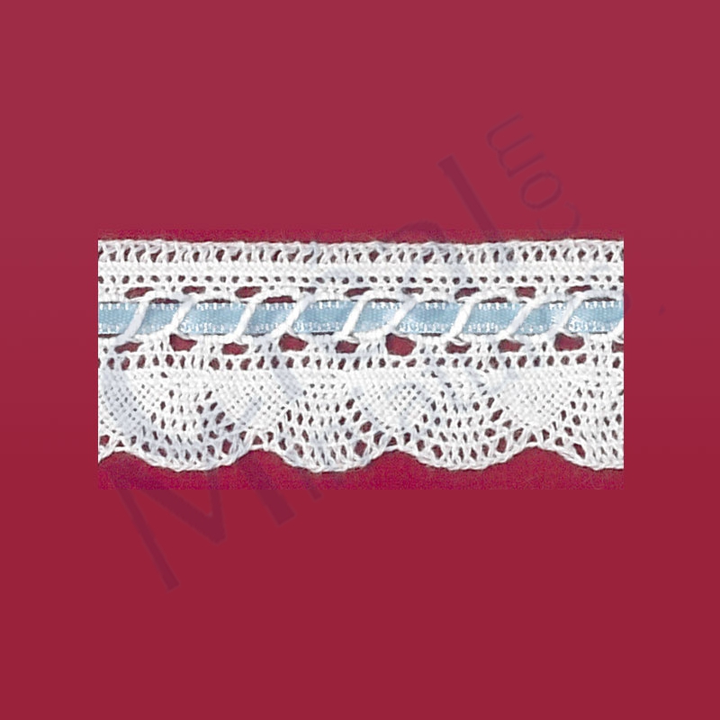 Rideau dentelle blanc ruban satin bleu