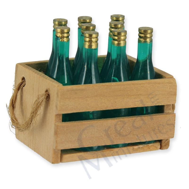 Wooden box w/ 6 green bottles