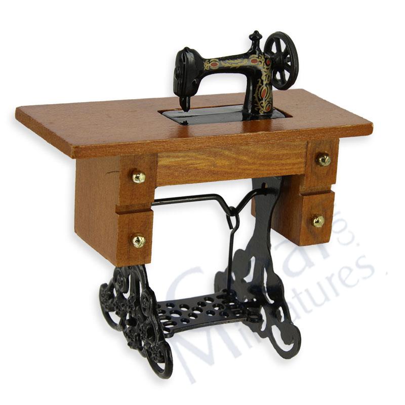 Sewing machine on table with woden plate