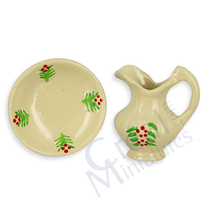 Waschschuessel und -krug creme gebluemt