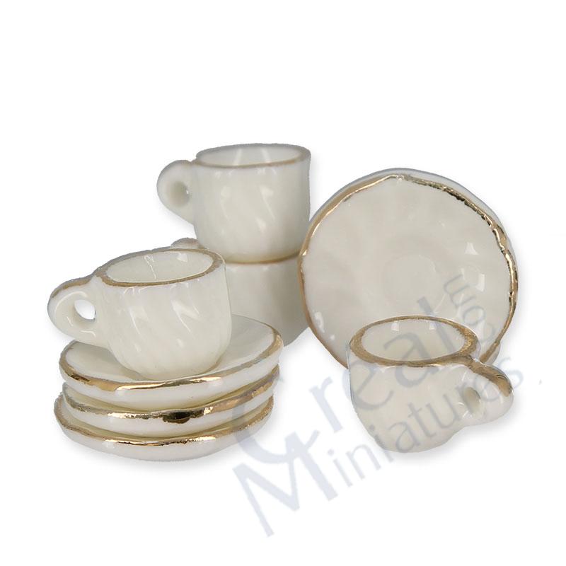 4 Tassen m Untertasse Porzell weiss gold
